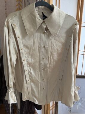 Vivienne Hu Silk Blouse Cream Studded Oversized Collar